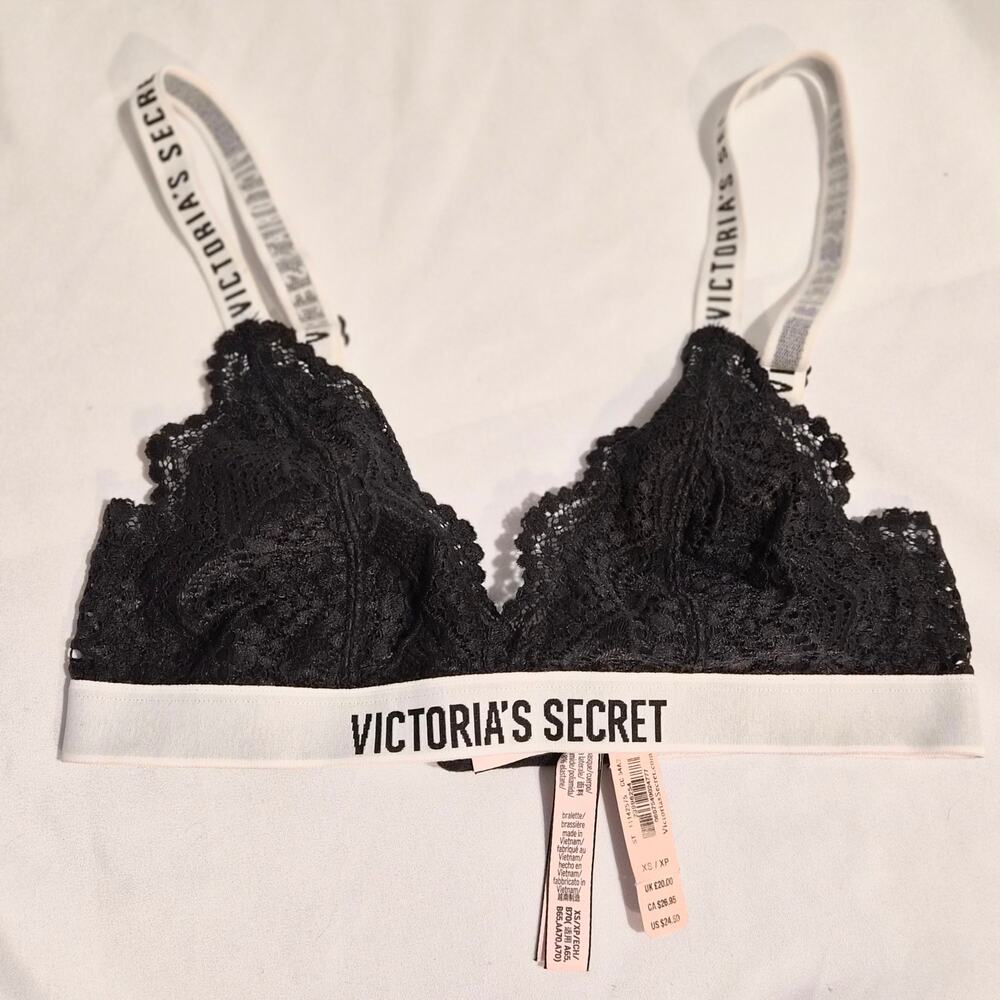 Victoria's Secret Black Lace Logo Bralette XS Triangle Unlined‎ NWT